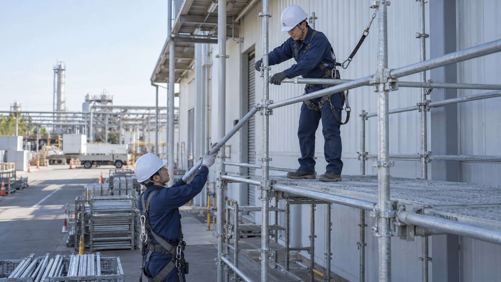 墜落制止用器具を着けた足場組立作業のイメージ