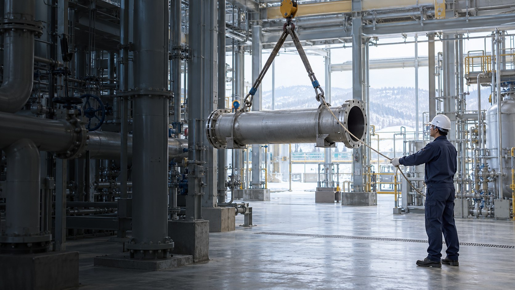 配管部材を安全な距離から誘導する作業のイメージ