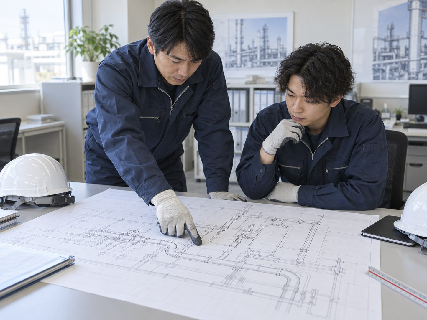 二人で配管図面を確認するイメージ