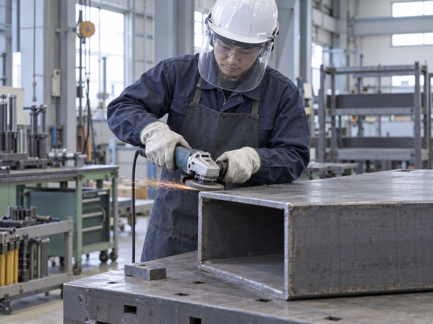 保護具を着けて金属部材を研磨する作業のイメージ